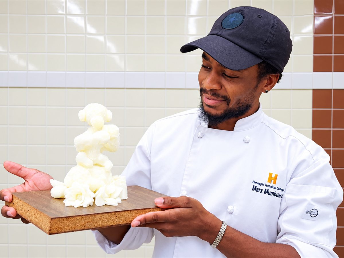Marx Mumbuwa in chef's whites, presenting a hand-sculpted centerpiece